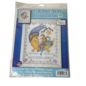 Tobin Baby Cross Stitch Sampler Kit Joan Elliot 11x14 Moon Bunny Personalized